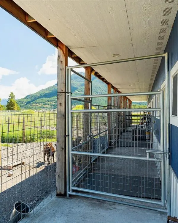 Covered outdoor runs beside the ranch building.